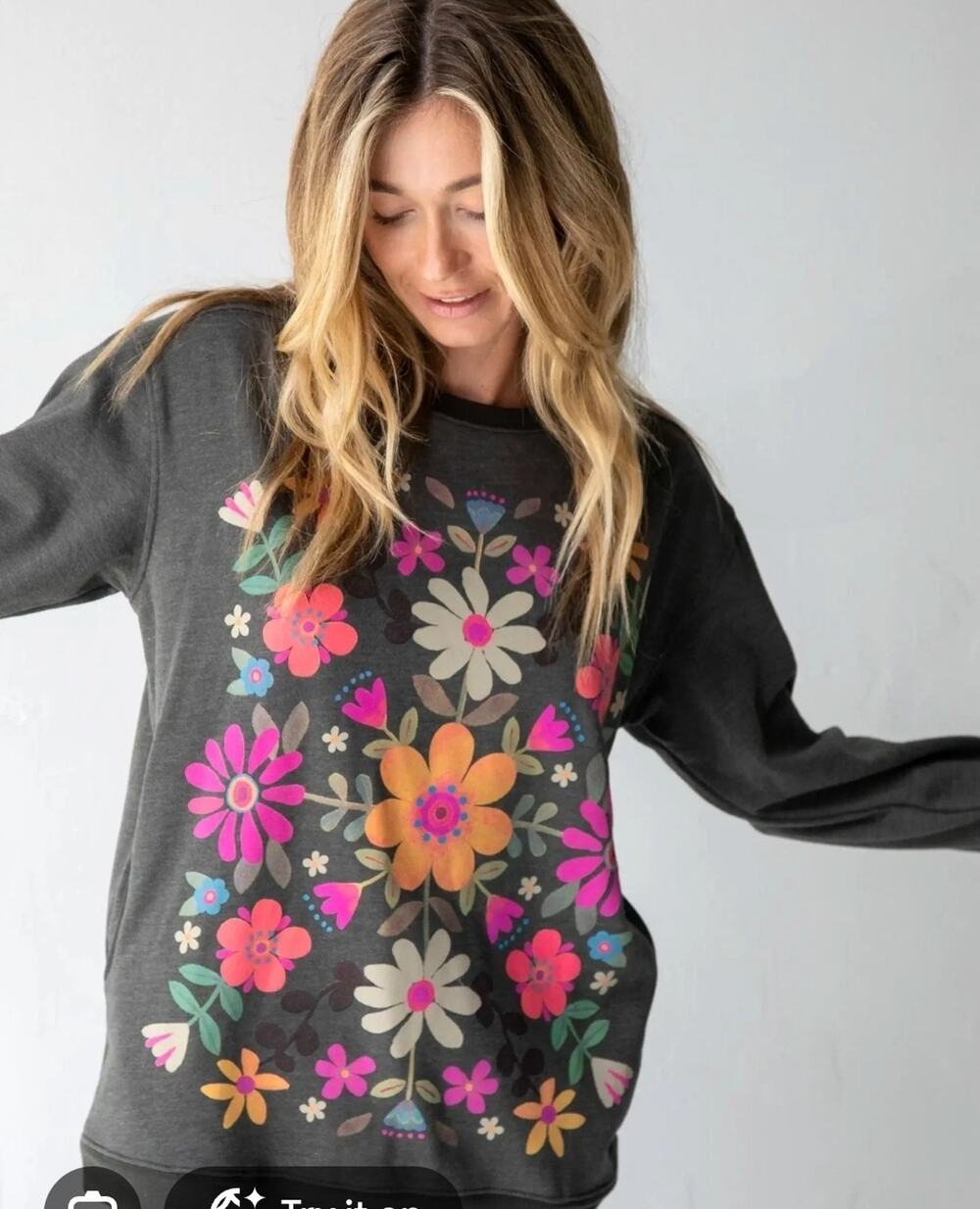 Natural Life Comfy Pocket Gray Folk Flower Cotton Blend Sweatshirt Small